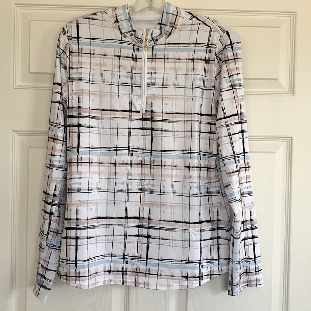 NWOT San Soleil like IBkul womens long sleeve top with mesh arms size S. UV 50